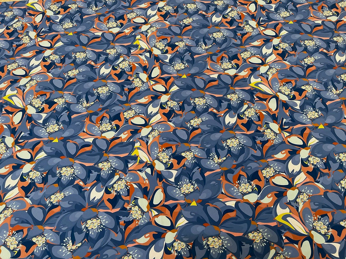 Seda Francesa Azul Hortensia con Naranja y Salmón