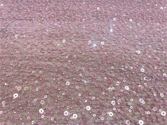 Tul Bordado Rosa con Mostacilla y Lentejuelas Iridiscentes