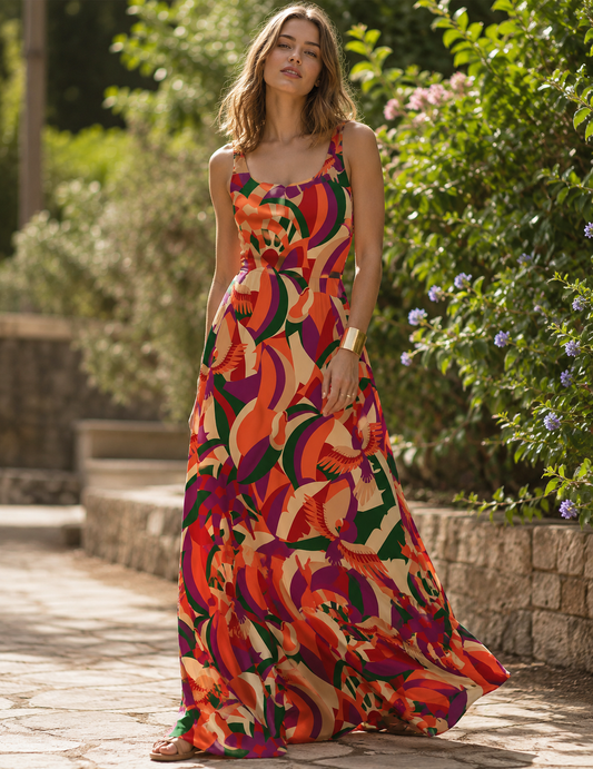 Seda Francesa Estampado "Ave del Paraíso Tropical"