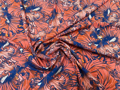 Seda Francesa Estampado Floral -  Azul Oscuro con Flores Rojas