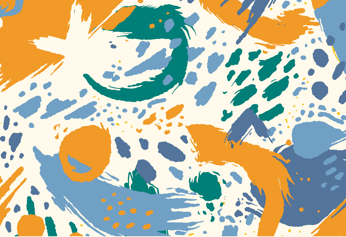 Diseño de seda francesa abstracta con pinceladas mostaza, verde y azul sobre fondo marfil