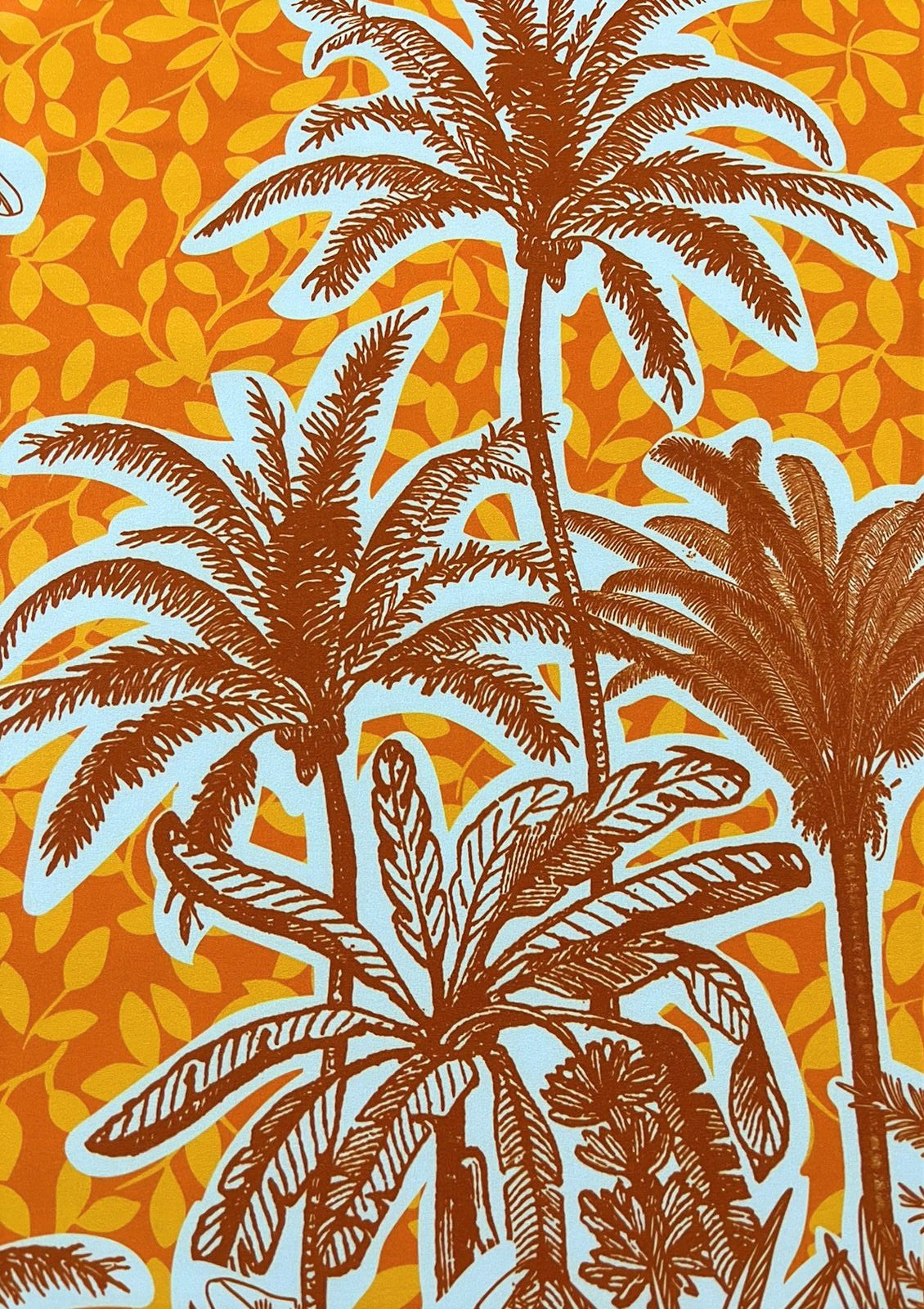 Seda Francesa Palmeras Estilo Grabado — Naranja y Celeste
