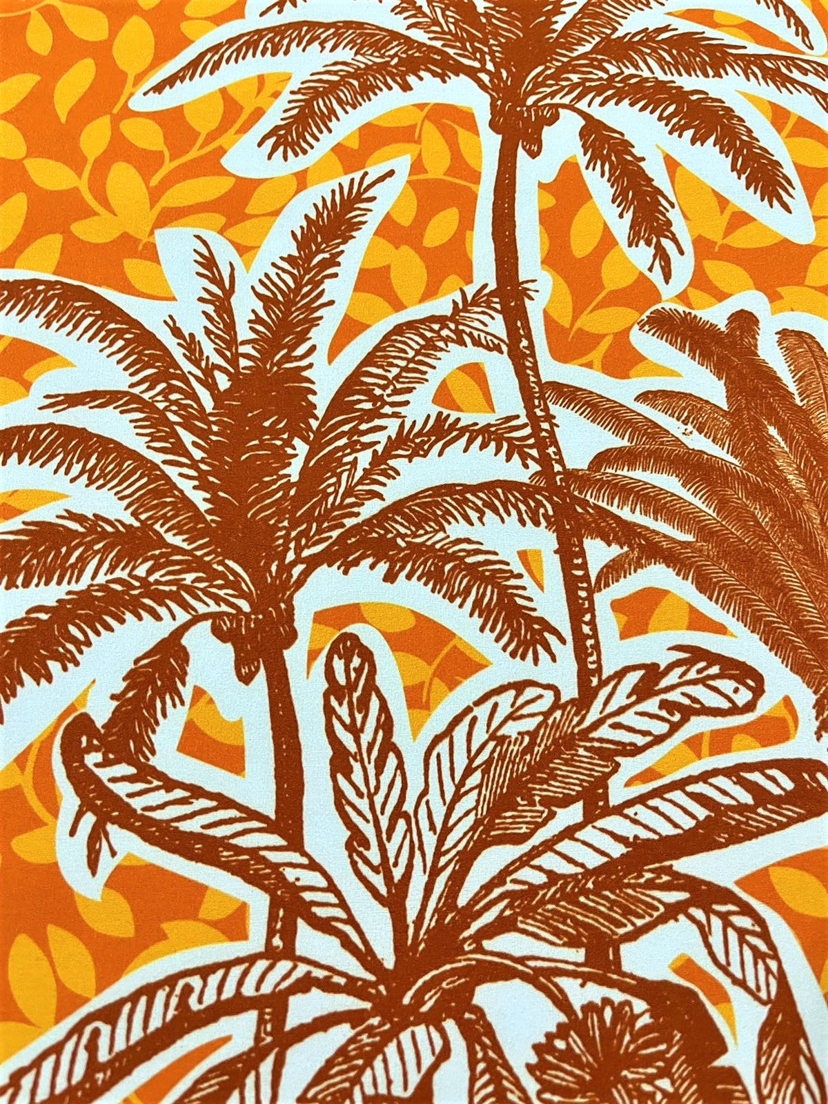 Seda Francesa Palmeras Estilo Grabado — Naranja y Celeste