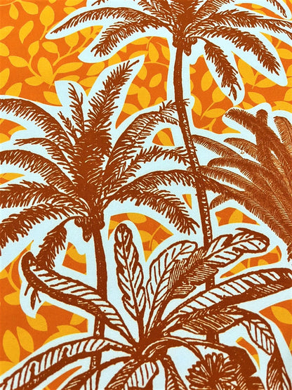 Seda Francesa Palmeras Estilo Grabado — Naranja y Celeste