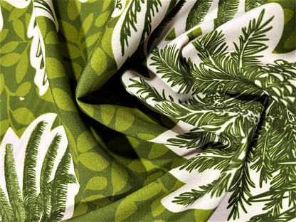 Seda francesa con palmeras estilo grabado en verde, tela drapeada