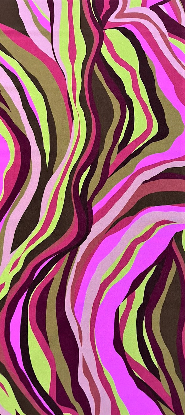 Seda francesa con estampado de ondas verticales en fucsia, rosa, vino y tonos tierra, estilo retro años 70