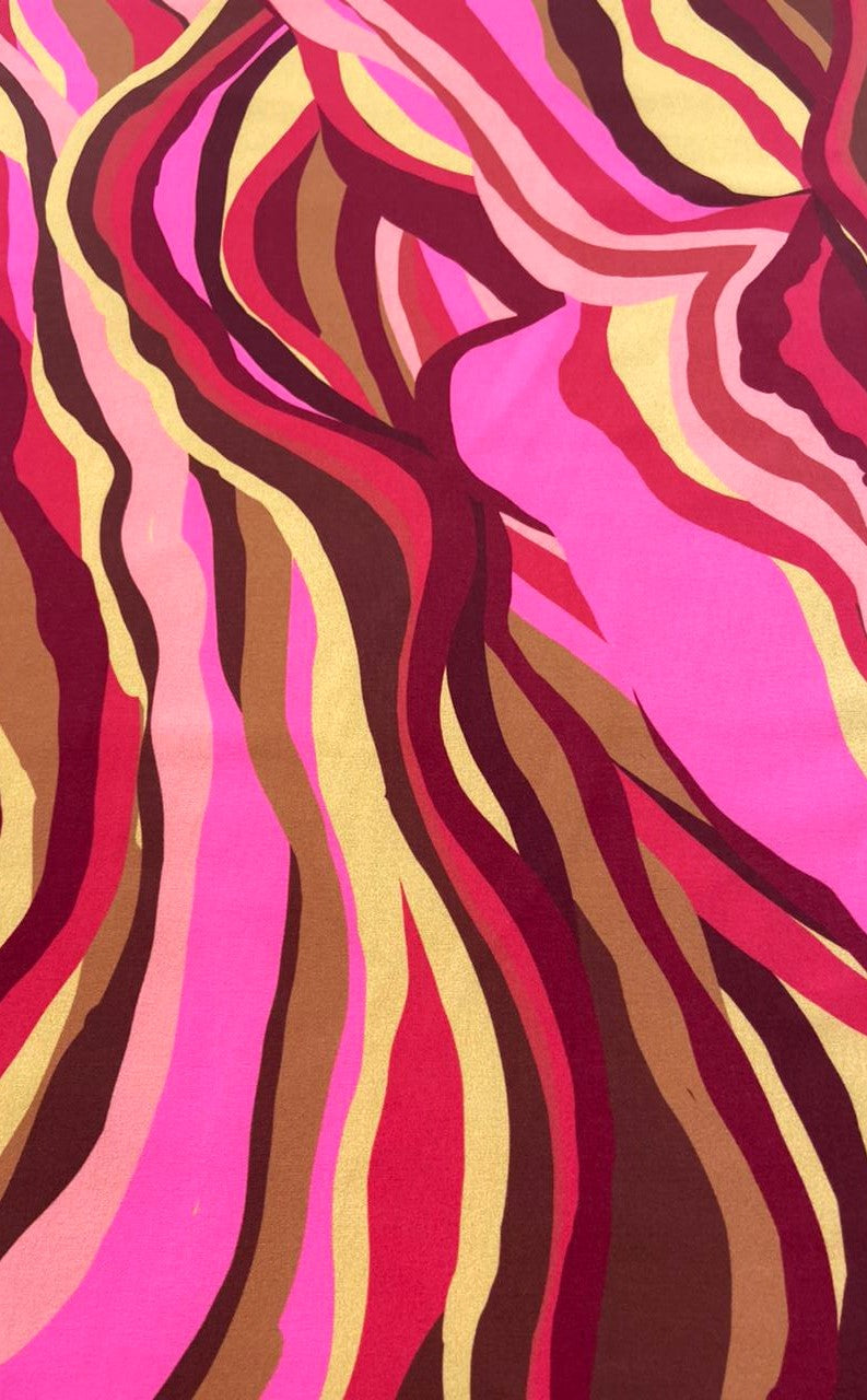 Seda francesa con estampado de ondas en fucsia, rosa, vino y arena, estilo retro