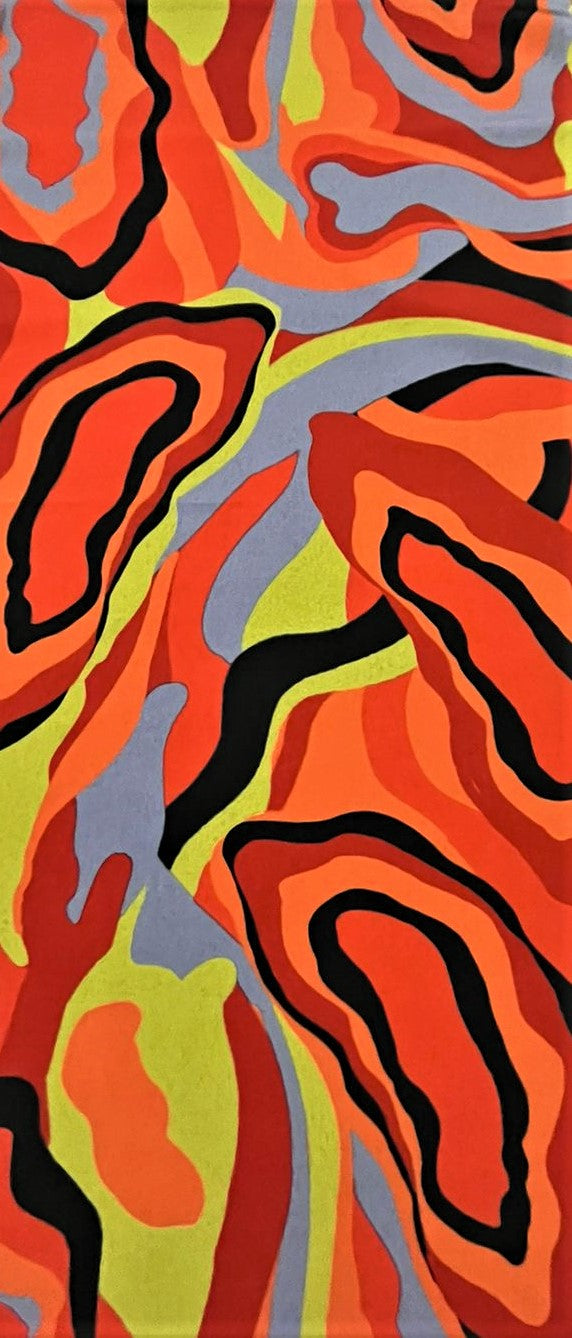 Seda francesa con estampado abstracto de formas orgánicas en naranja, rojo, verde limón, gris y negro
