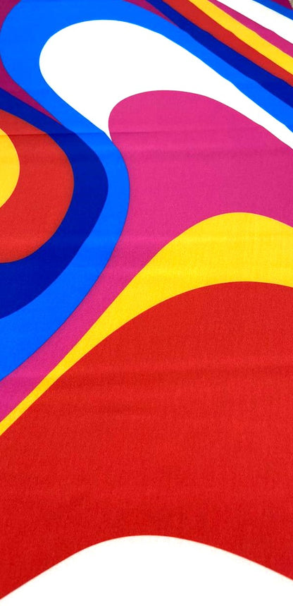 Seda francesa con estampado de ondas anchas en azul rey, fucsia, amarillo y rojo