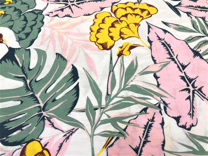 Popelina Stretch Tropical Beige con Hojas Rosa y Verde