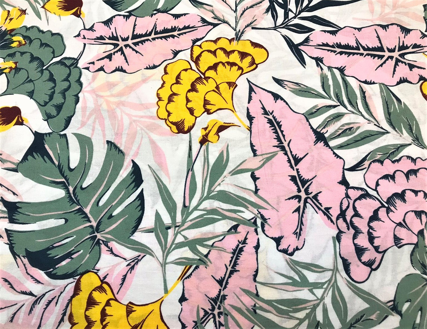 Popelina Stretch Tropical Beige con Hojas Rosa y Verde