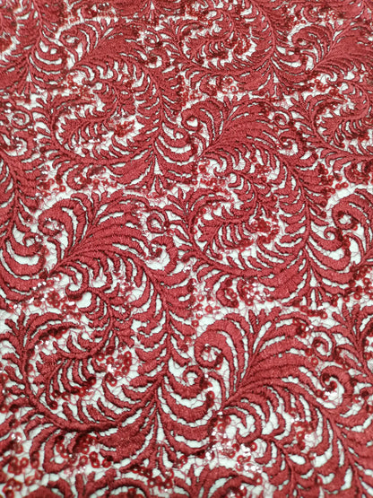 Encaje de Plumas con Lentejuelas Rojo y Salmón