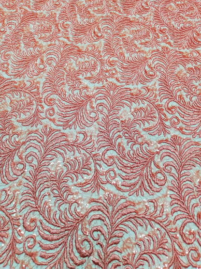 Encaje de Plumas con Lentejuelas Rojo y Salmón