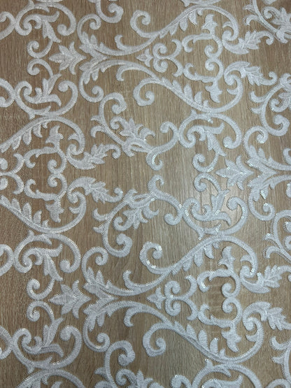 Tul Bordado Blanco Damasco con Lentejuelas