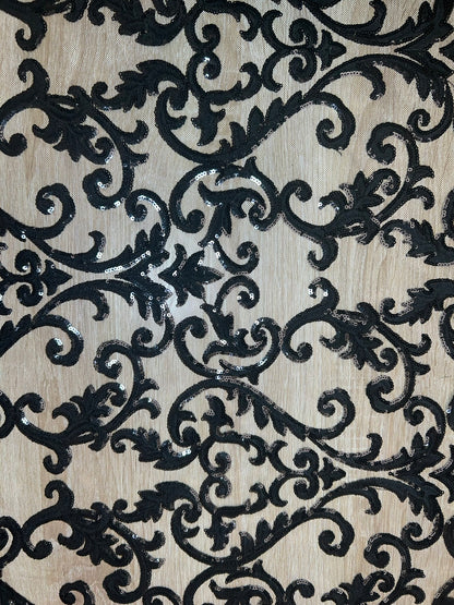 Tul Bordado Negro Damasco con Lentejuelas