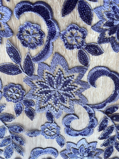 Tul Bordado Floral con Lentejuelas Lila y Vino