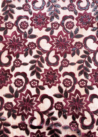 Tul Bordado Floral con Lentejuelas Lila y Vino