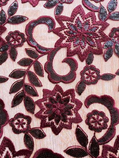 Tul Bordado Floral con Lentejuelas Lila y Vino