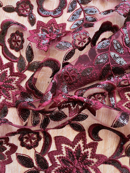 Tul Bordado Floral con Lentejuelas Lila y Vino