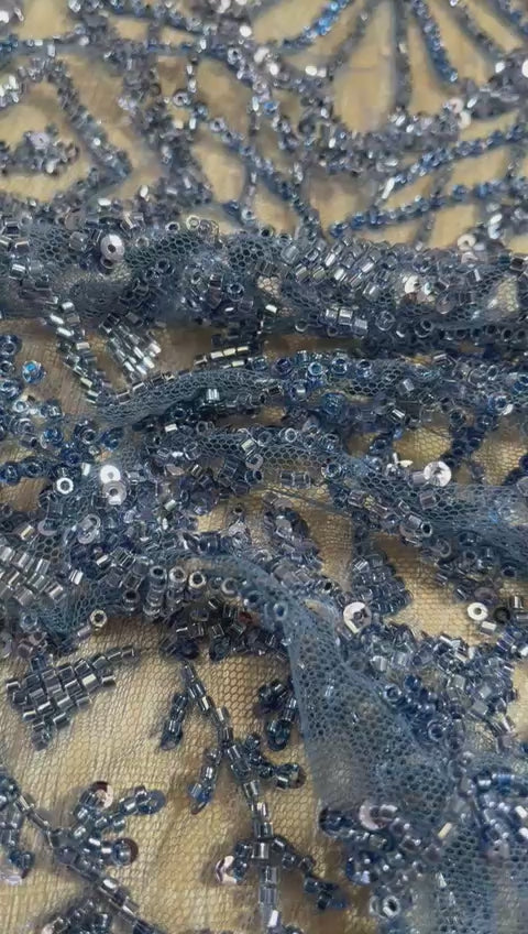 Tul Bordado Azul Marino con Mostacilla en Ramas y Rombos